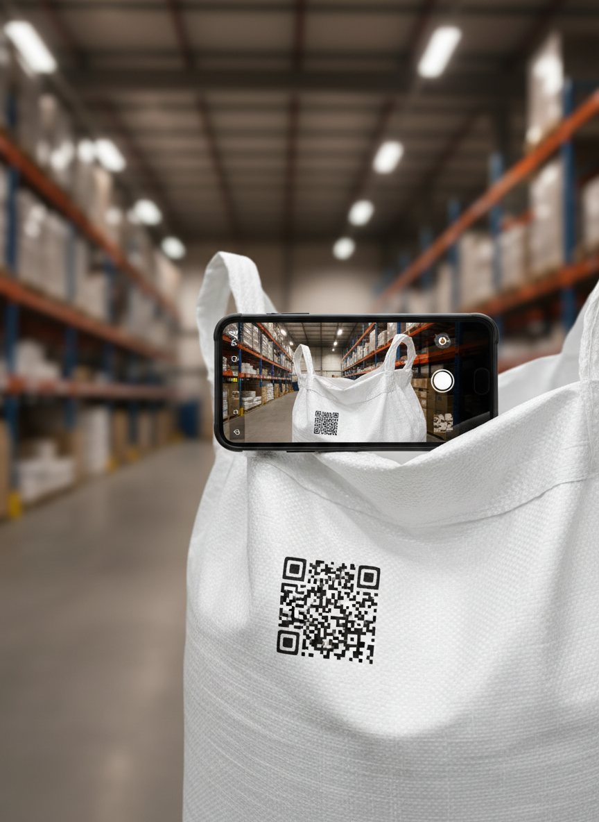 Smartphone scanning a QR code on a BOPP woven bag